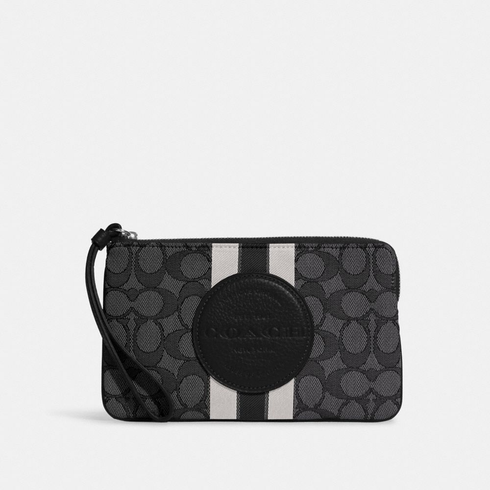 Dempsey Large Corner Zip Wristlet In Signature Jacquard With Stripe And Coach Patch - C8841 - Silver/Black Smoke Black Multi