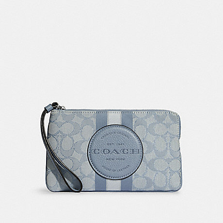 COACH Dempsey Large Corner Zip Wristlet In Signature Jacquard With Stripe And Coach Patch - SILVER/MARBLE BLUE - C8841