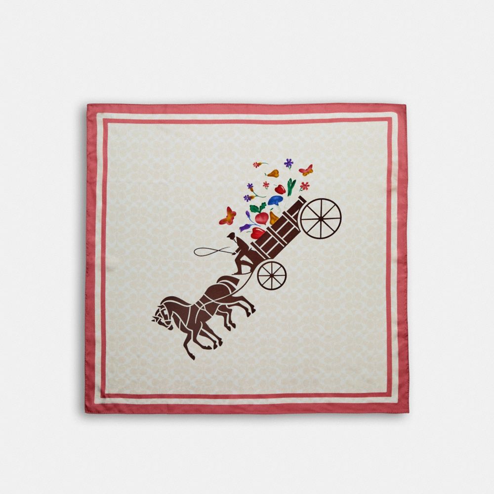 Horse And Carriage Veggie Cart Print Silk Square Scarf - C9006 - CHALK