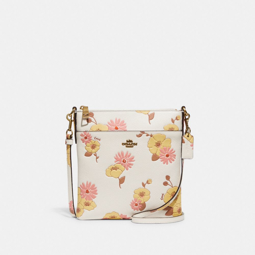 COACH C9020 Kitt Messenger Crossbody With Floral Print Brass/Chalk Multi