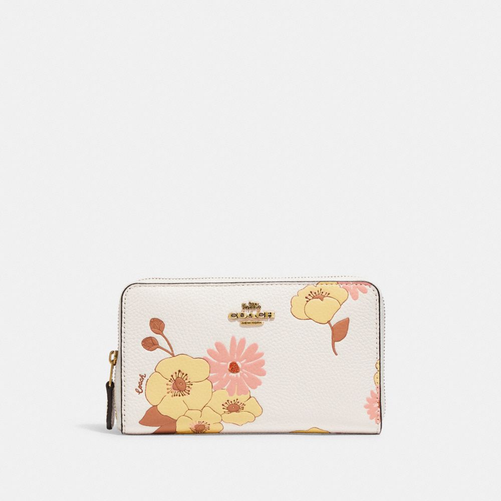 COACH C9021 Medium Zip Around Wallet With Floral Print Brass/Chalk Multi