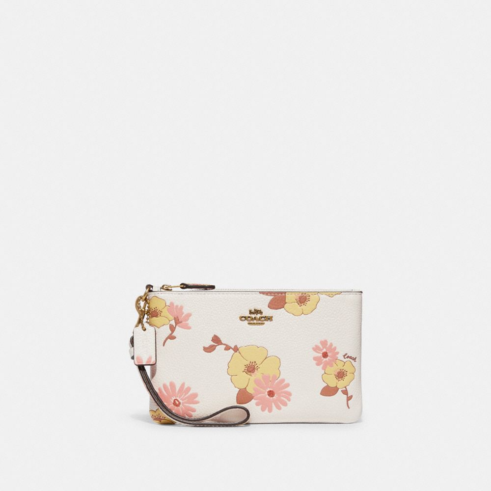 COACH C9037 Small Wristlet With Floral Print Brass/Chalk Multi