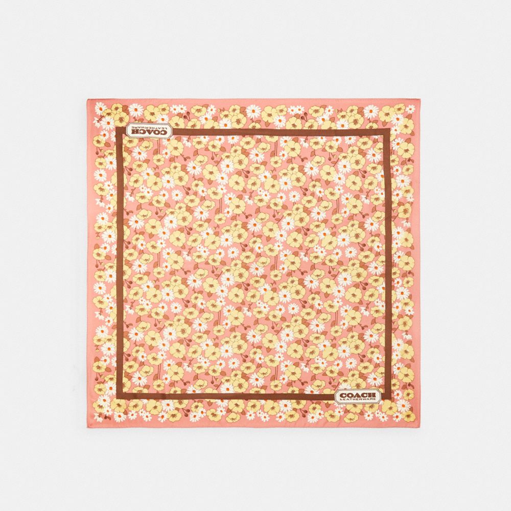C9069 - Floral Print Silk Square Scarf Pink Yellow