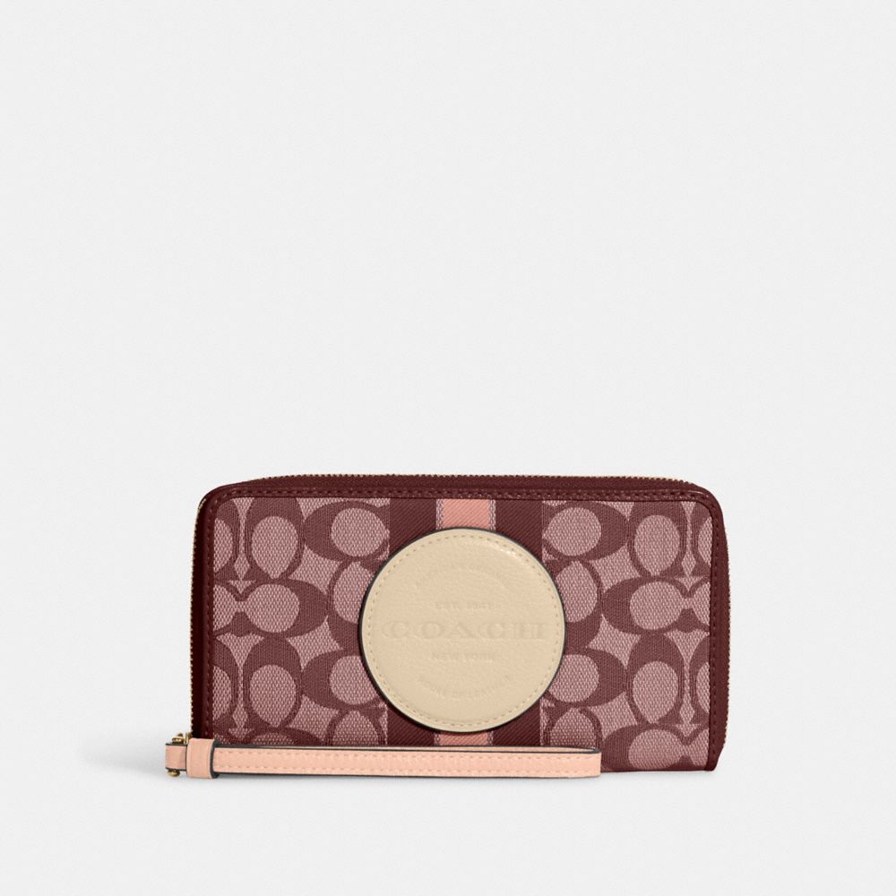 COACH C9073 Dempsey Large Phone Wallet In Signature Jacquard With Stripe And Coach Patch Gold/Wine Multi