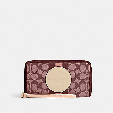COACH C9073 Dempsey Large Phone Wallet In Signature Jacquard With Stripe And Coach Patch Gold/Wine Multi