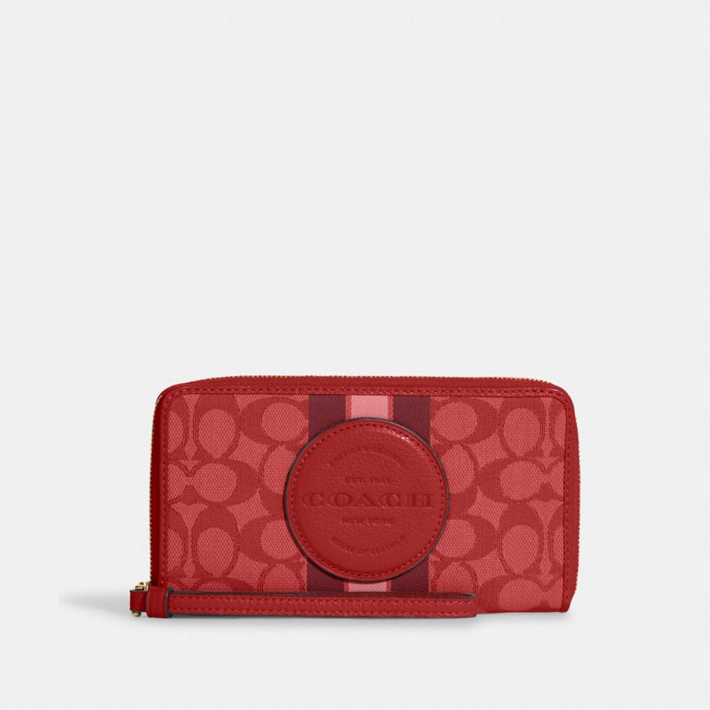 COACH C9073 Dempsey Large Phone Wallet In Signature Jacquard With Stripe And Coach Patch GOLD/RED APPLE MULTI