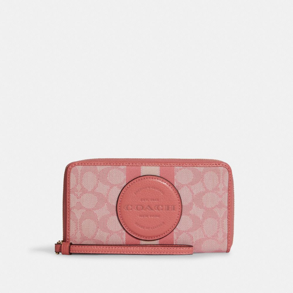 Dempsey Large Phone Wallet In Signature Jacquard With Stripe And Coach Patch - GOLD/TAFFY - COACH C9073