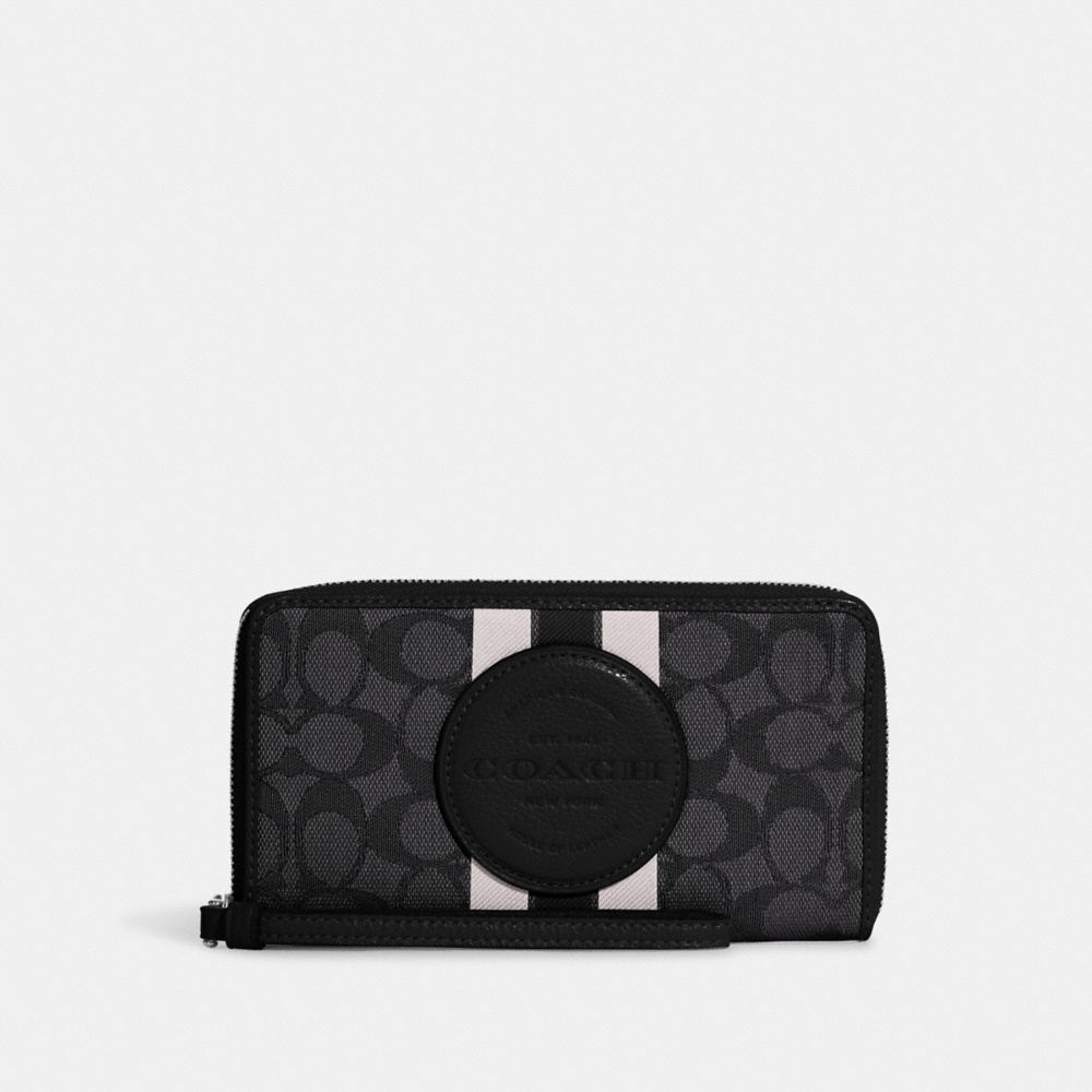 Dempsey Large Phone Wallet In Signature Jacquard With Stripe And Coach Patch - C9073 - Silver/Black Smoke Black Multi