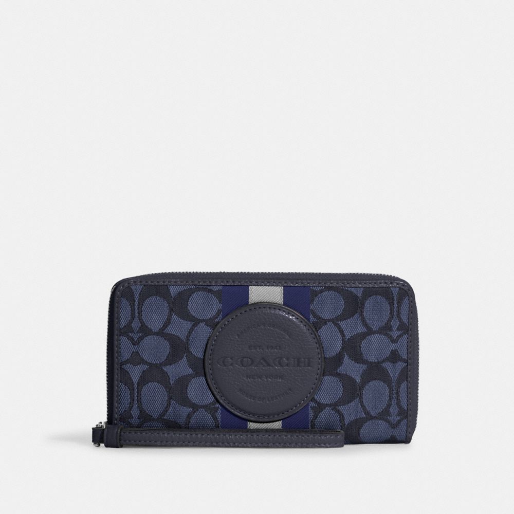 COACH C9073 Dempsey Large Phone Wallet In Signature Jacquard With Stripe And Coach Patch Silver/Denim/Midnight Navy Multi