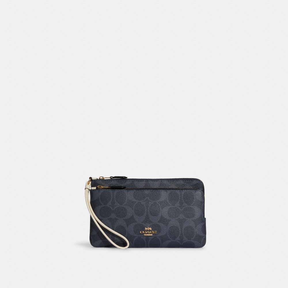 Double Zip Wallet In Signature Canvas - C9098 - Gold/Denim Multi