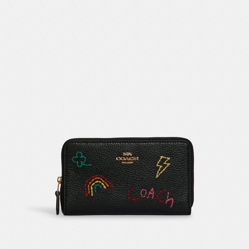 Medium Id Zip Wallet With Diary Embroidery - C9104 - GOLD/BLACK MULTI