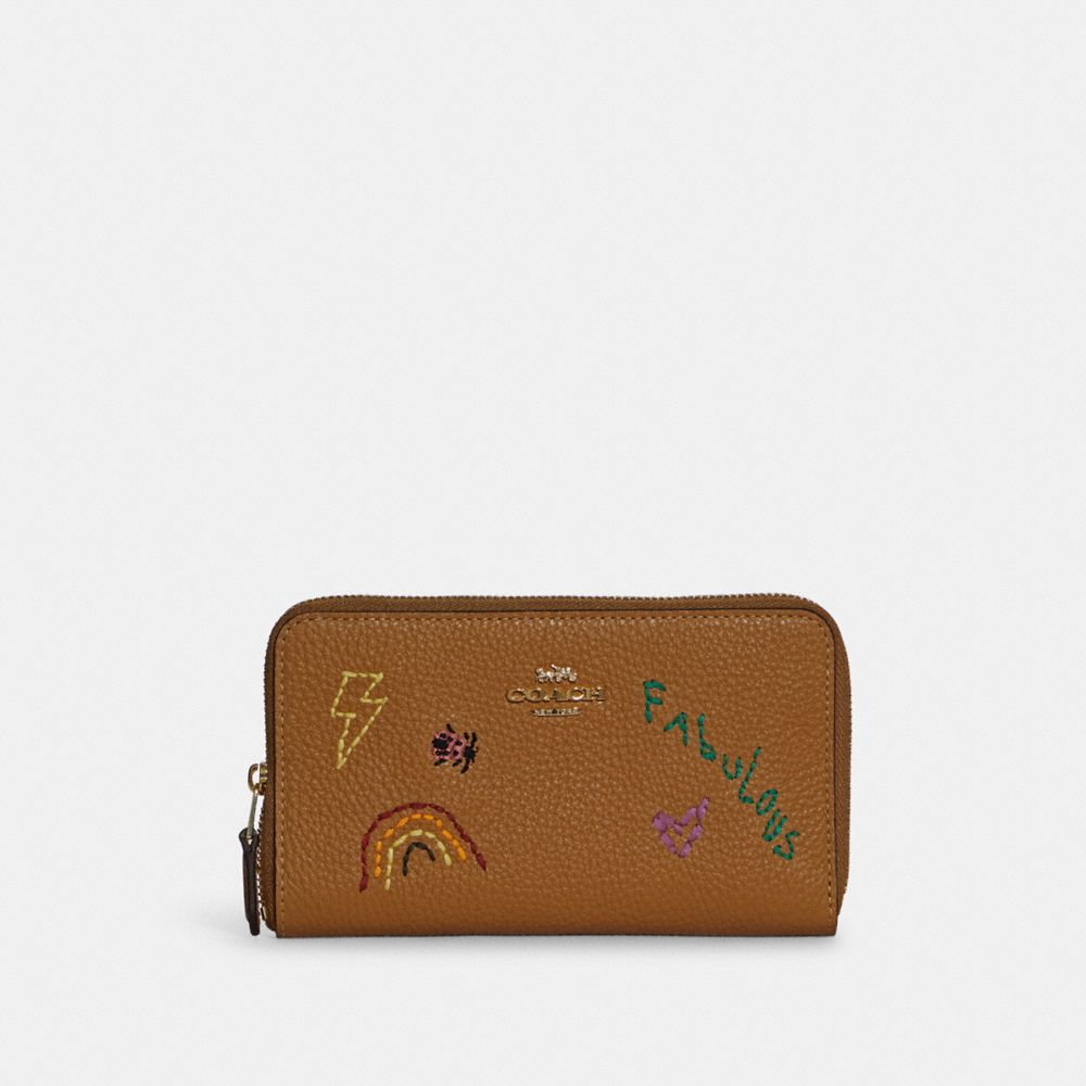 Medium Id Zip Wallet With Diary Embroidery - C9105 - GOLD/PENNY MULTI