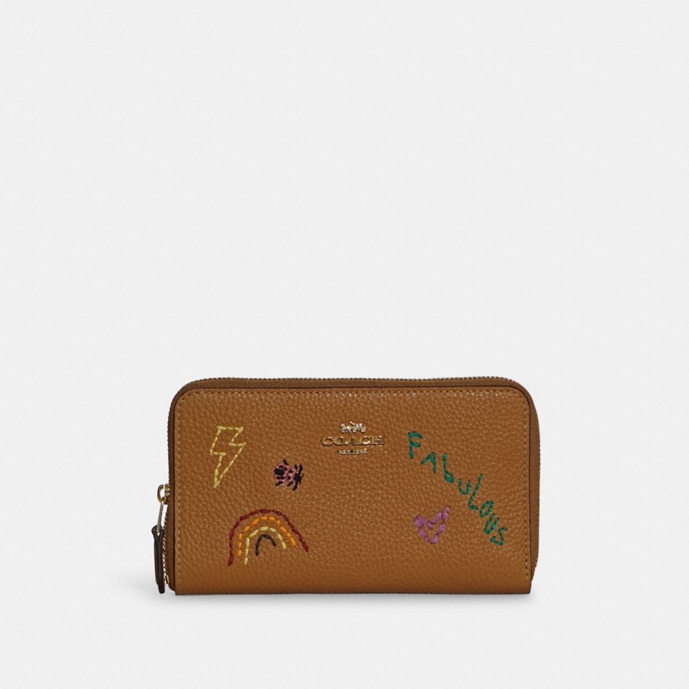 COACH C9105 Medium Id Zip Wallet With Diary Embroidery GOLD/PENNY MULTI