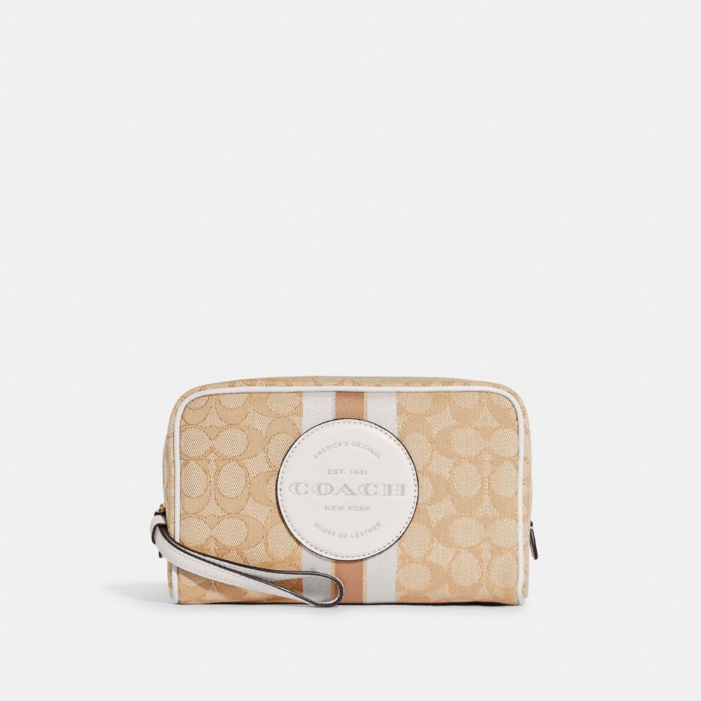 Dempsey Boxy Cosmetic Case 20 In Signature Jacquard With Stripe And Coach Patch - C9119 - GOLD/LIGHT KHAKI CHALK