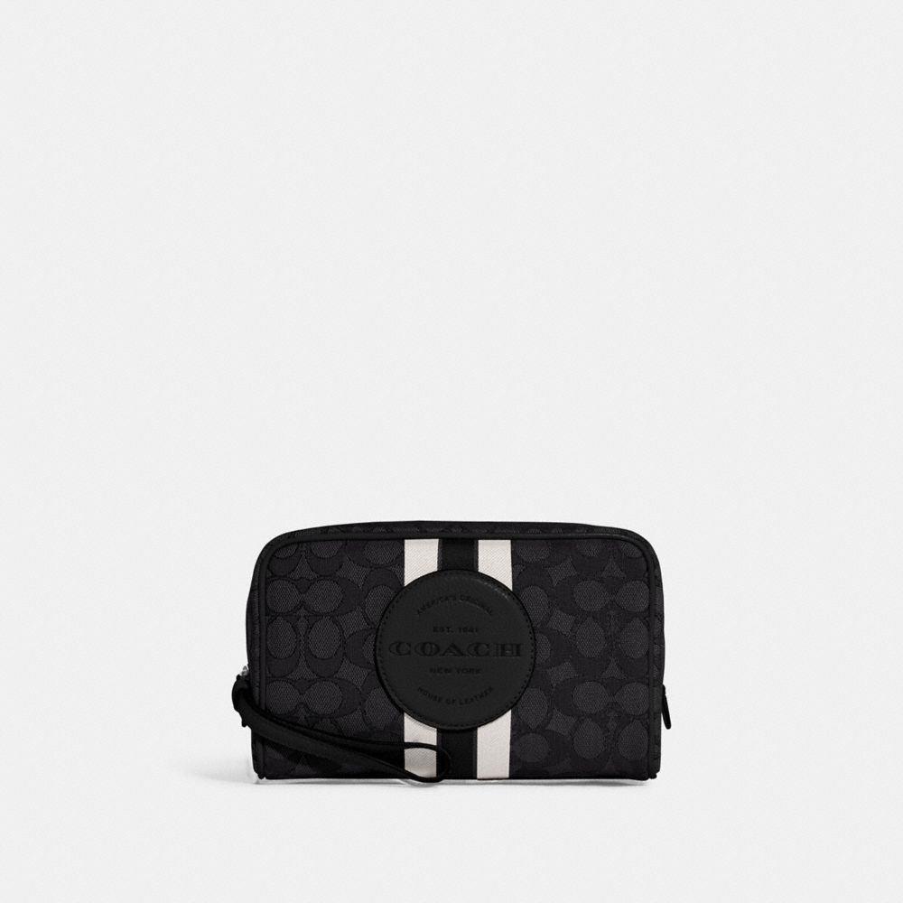 COACH C9119 Dempsey Boxy Cosmetic Case 20 In Signature Jacquard With Stripe And Coach Patch Silver/Black Smoke Black Multi