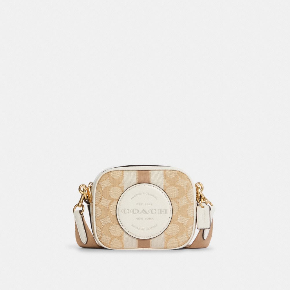 Mini Dempsey Camera Bag In Signature Jacquard With Stripe And Coach Patch - C9120 - GOLD/LIGHT KHAKI CHALK