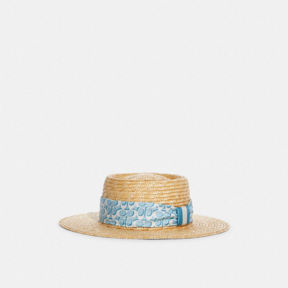 Raffia Brimmed Hat With Scarf - C9126 - KHAKI POWDER BLUE
