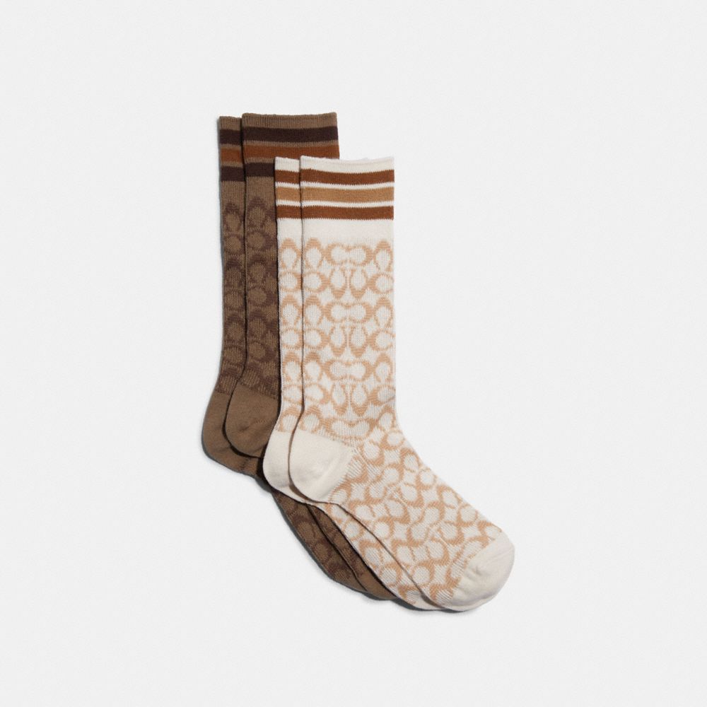 COACH C9134 Signature Calf Length Socks KHAKI/CHALK