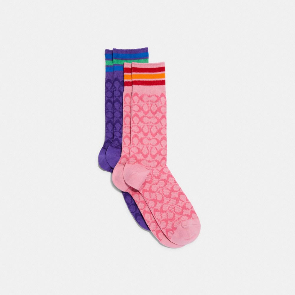 COACH C9134 Signature Calf Length Socks PINK-PURPLE