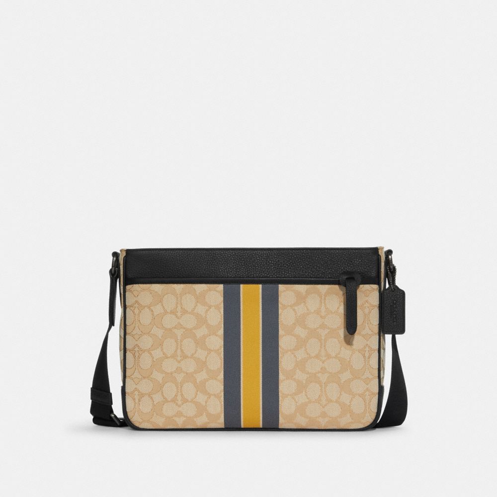 COACH C9363 Thompson Crossbody In Signature Jacquard With Varsity Stripe GUNMETAL/LIGHT KHAKI BRIGHT MARIGOLD