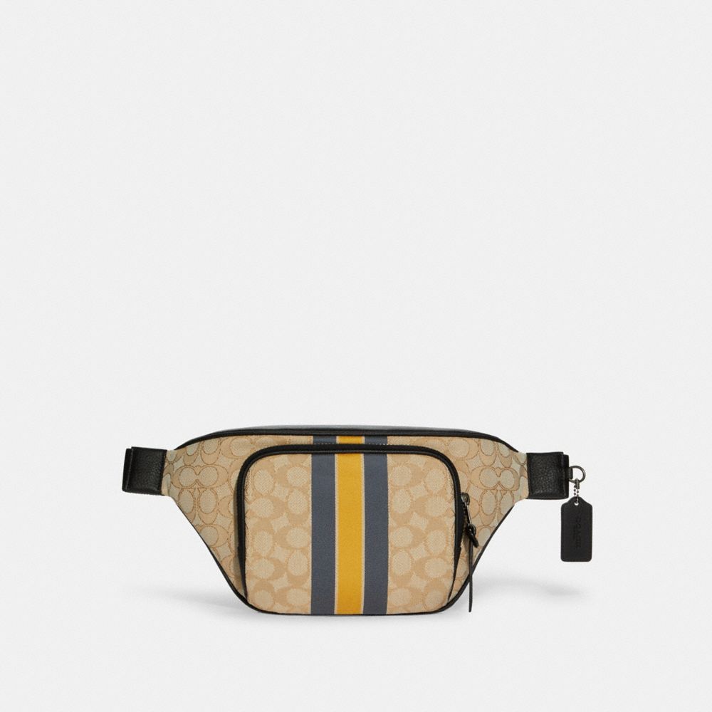 COACH C9364 - Thompson Belt Bag In Signature Jacquard With Varsity Stripe GUNMETAL/LIGHT KHAKI BRIGHT MARIGOLD