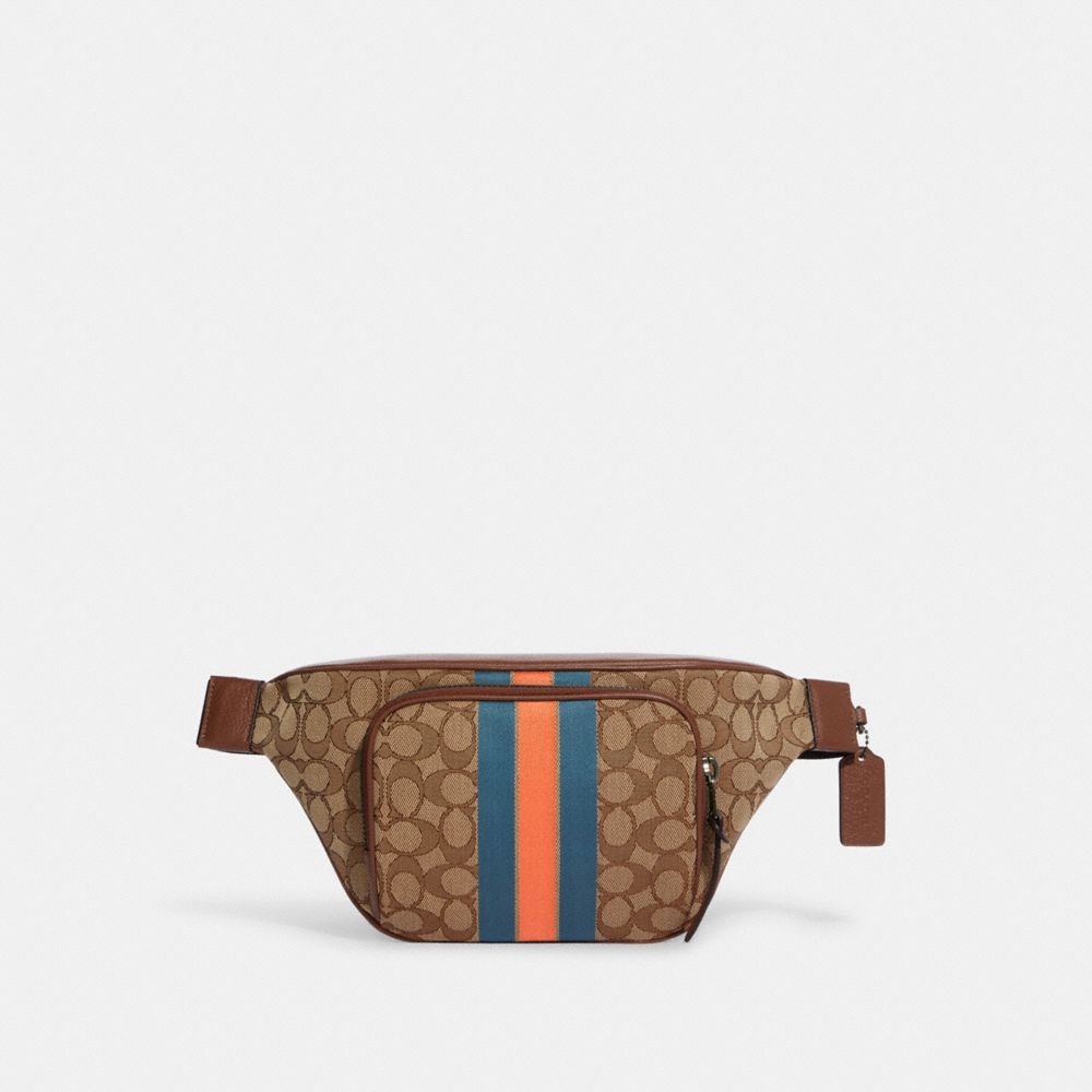 Thompson Belt Bag In Signature Jacquard With Varsity Stripe - C9364 - Gunmetal/Khaki/Candied Orange Multi