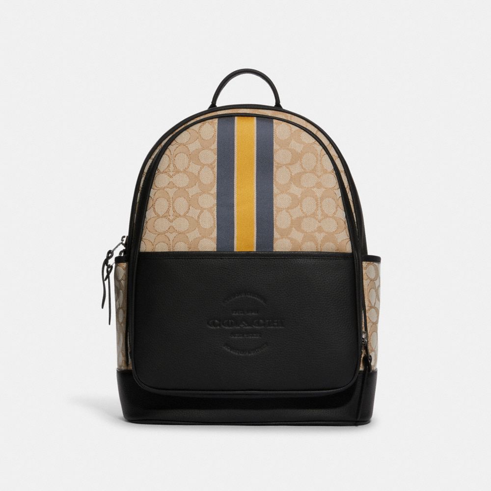 Thompson Backpack In Signature Jacquard With Varsity Stripe - C9365 - GUNMETAL/LIGHT KHAKI BRIGHT MARIGOLD