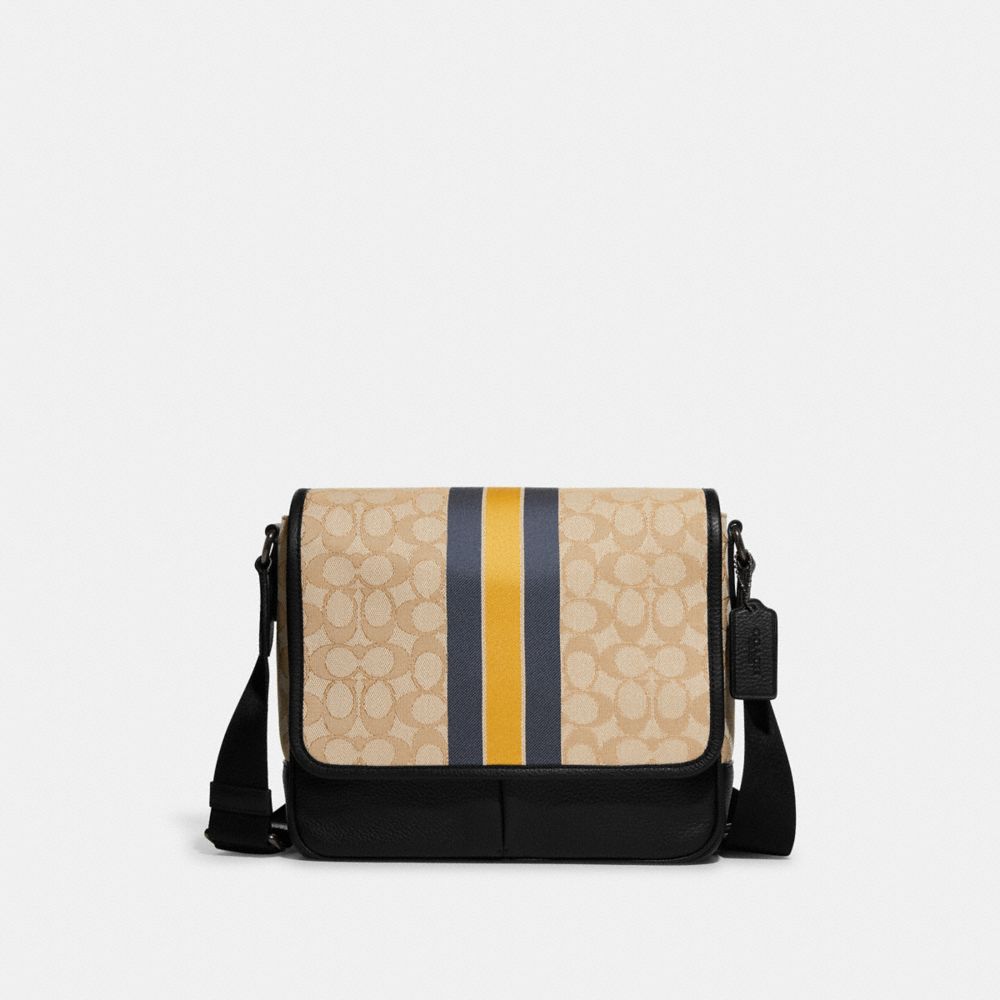 Thompson Small Map Bag In Signature Jacquard With Varsity Stripe - C9366 - GUNMETAL/LIGHT KHAKI BRIGHT MARIGOLD