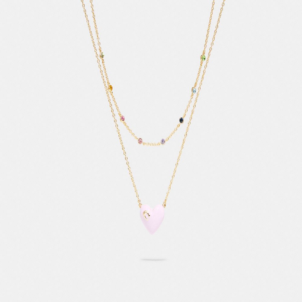 C9490 - Enamel Signature Heart Double Chain Necklace Gold/Pink Multi