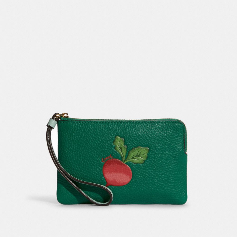 COACH C9588 - Corner Zip Wristlet With Radish GOLD/GREEN/LIGHT TEAL MULTI