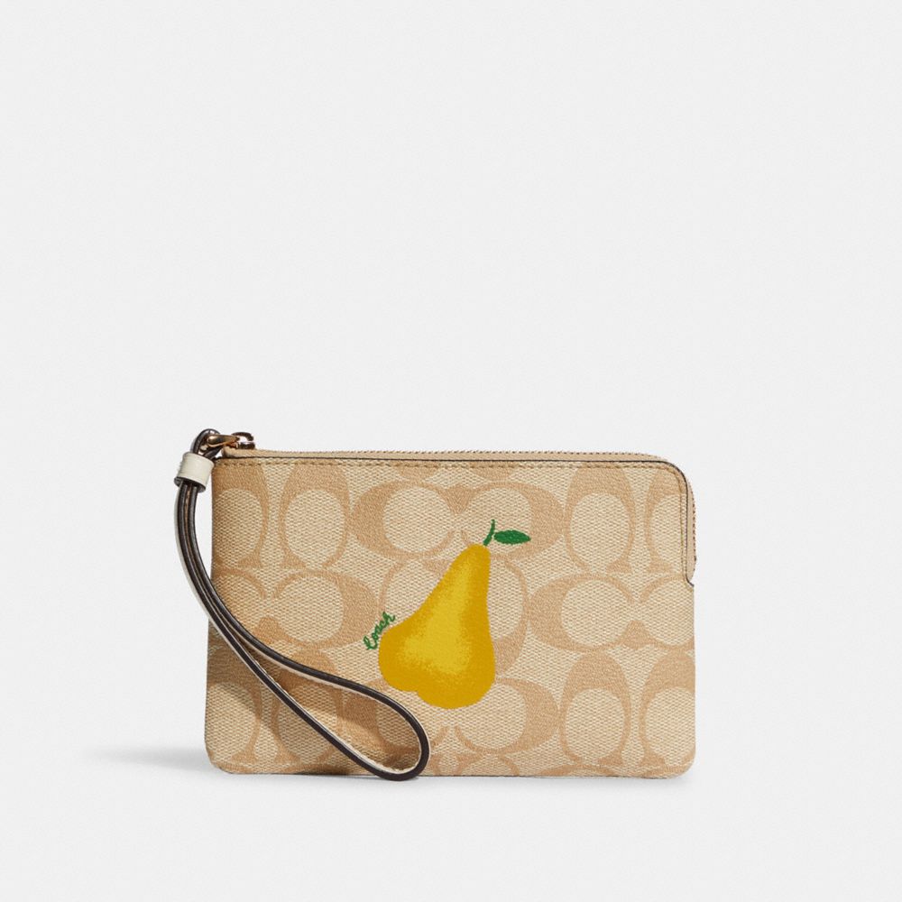 Corner Zip Wristlet In Signature Canvas With Pear - GOLD/LIGHT KHAKI CHALK MULTI - COACH C9590