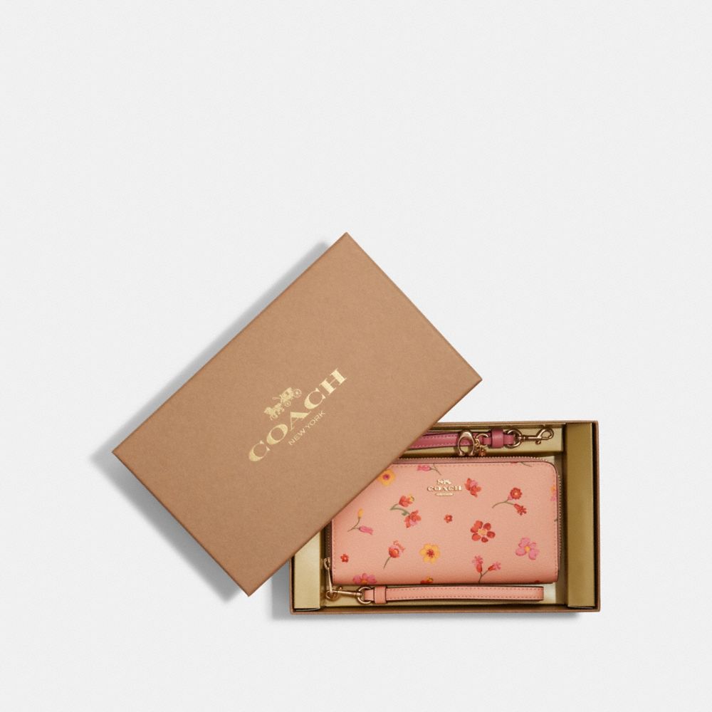 Boxed Long Zip Around Wallet With Mystical Floral Print - C9714 - GOLD/FADED BLUSH MULTI