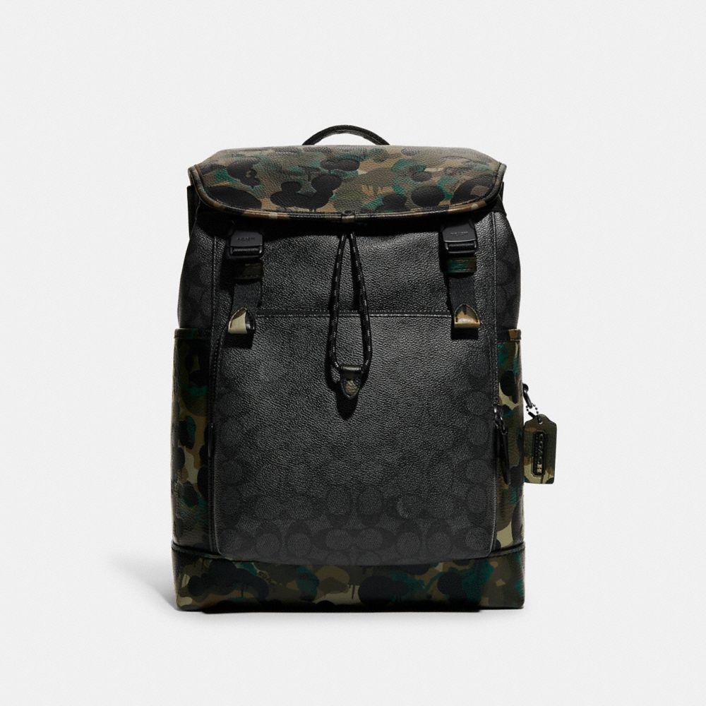 C9734 - League Flap Backpack In Signature Canvas With Camo Print Charcoal Multi