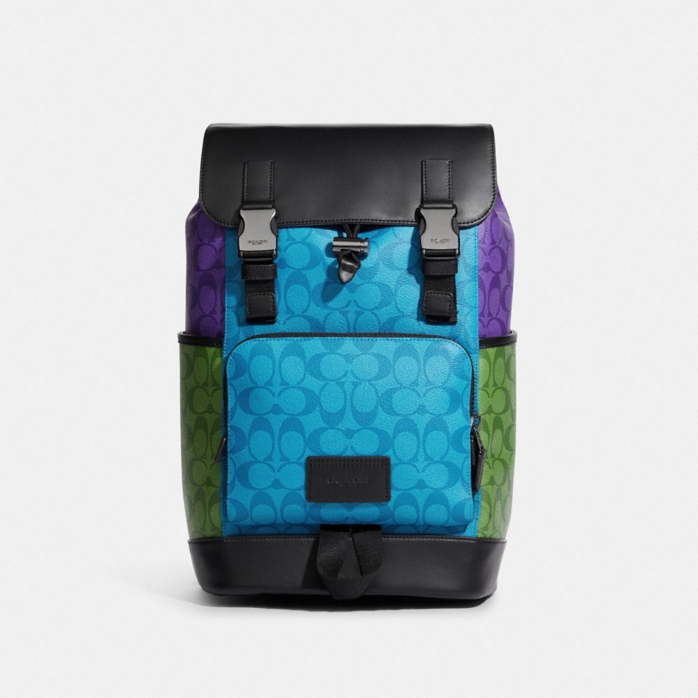 COACH Track Backpack In Blocked Signature Canvas - GUNMETAL/BRIGHT BLUE MULTI - C9837