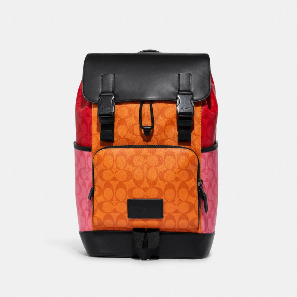 COACH C9837 Track Backpack In Blocked Signature Canvas GUNMETAL/LIGHT ORANGE MULTI