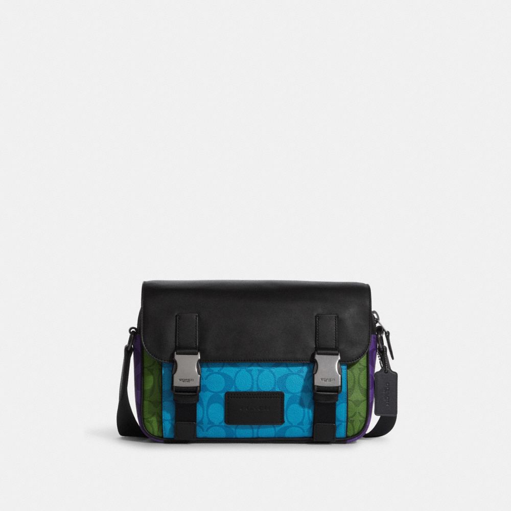 COACH Track Crossbody In Blocked Signature Canvas - GUNMETAL/BRIGHT BLUE MULTI - C9839