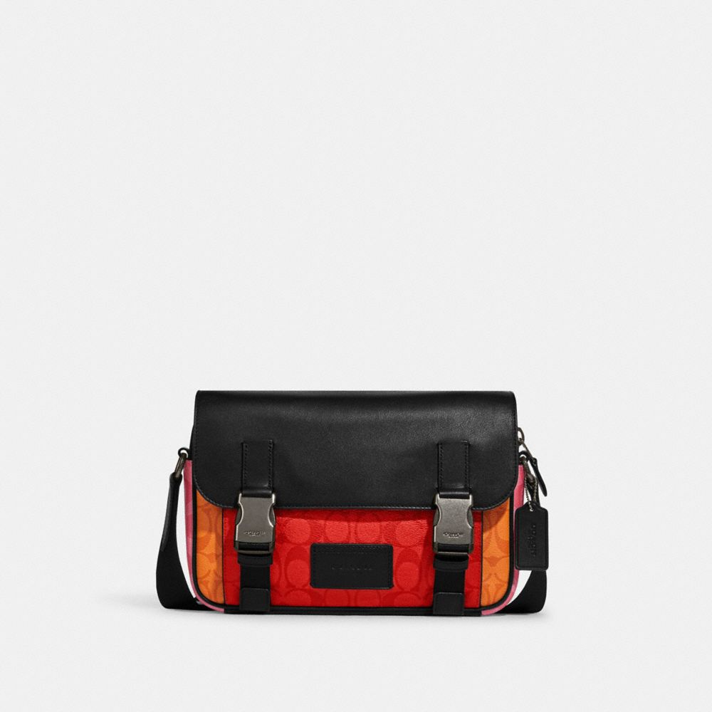 Track Crossbody In Blocked Signature Canvas - C9839 - GUNMETAL/MIAMI RED MULTI