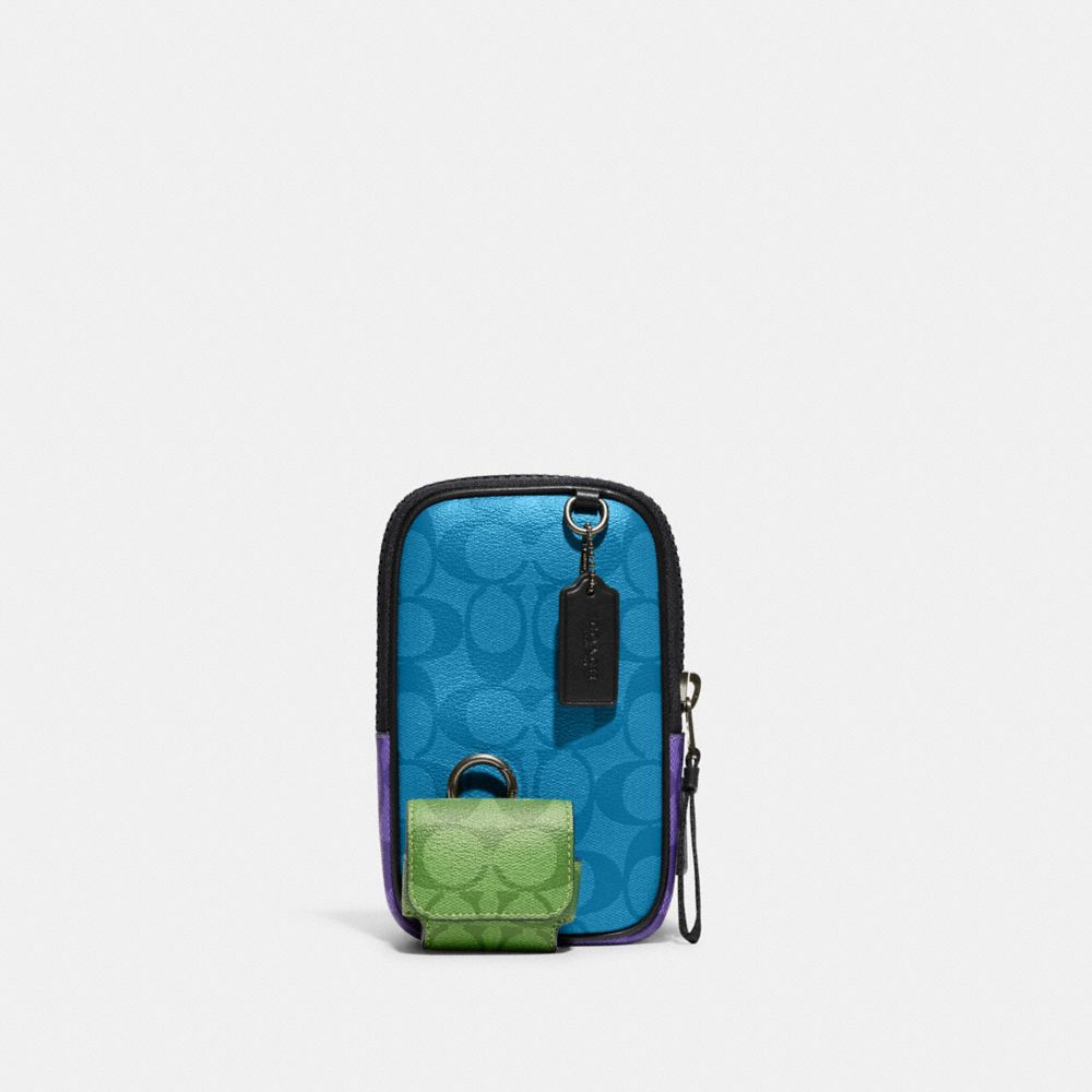 Multifunction Phone Pack In Blocked Signature Canvas - GUNMETAL/BRIGHT BLUE MULTI - COACH C9842