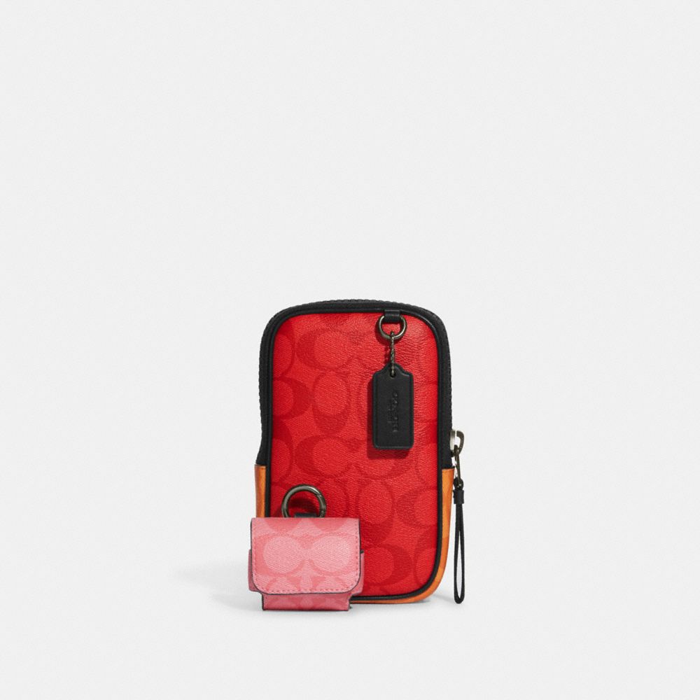 Multifunction Phone Pack In Blocked Signature Canvas - GUNMETAL/MIAMI RED MULTI - COACH C9842