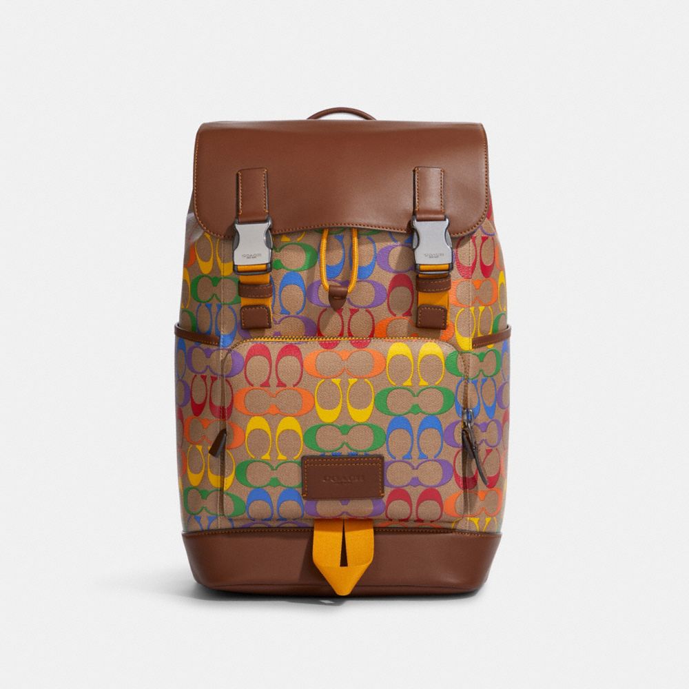 Track Backpack In Rainbow Signature Canvas - C9845 - GUNMETAL/KHAKI MULTI