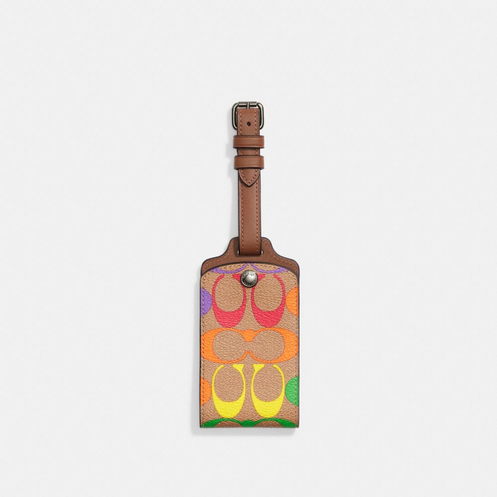 COACH C9861 Luggage Tag In Rainbow Signature Canvas GUNMETAL/KHAKI MULTI