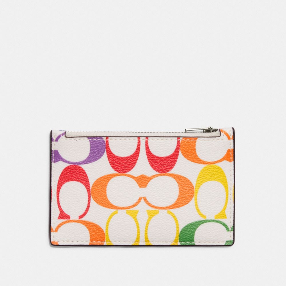 COACH C9862 Zip Card Case In Rainbow Signature Canvas GUNMETAL/CHALK MULTI