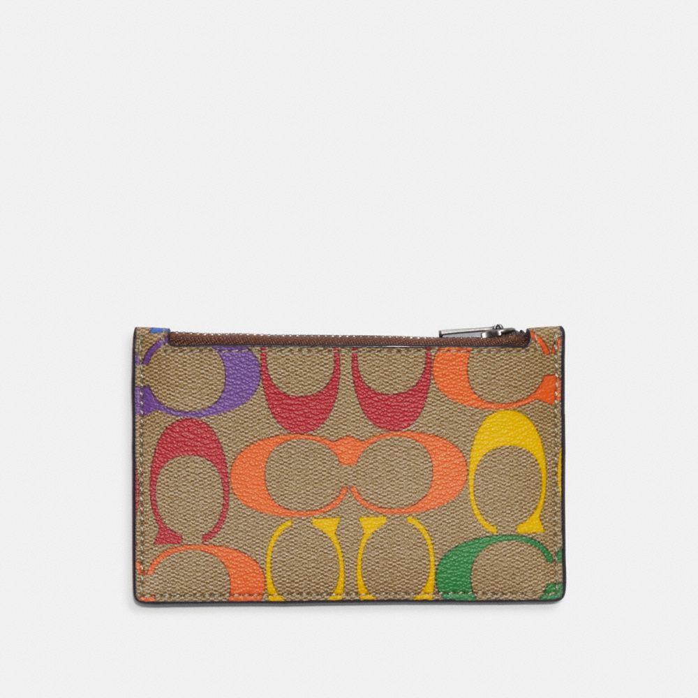 COACH C9862 Zip Card Case In Rainbow Signature Canvas GUNMETAL/KHAKI MULTI