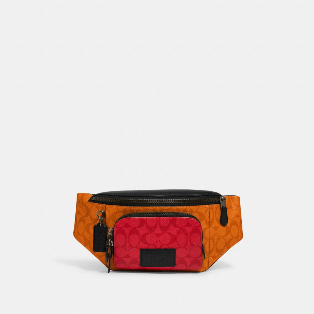 Track Belt Bag In Blocked Signature Canvas - GUNMETAL/LIGHT ORANGE MULTI - COACH C9892