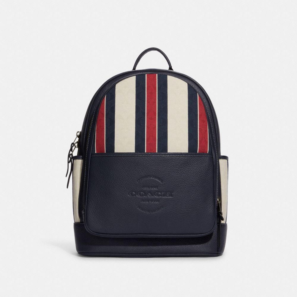 COACH C9905 Thompson Backpack In Signature Jacquard With Stripes Gunmetal/Midnight/Red Multi