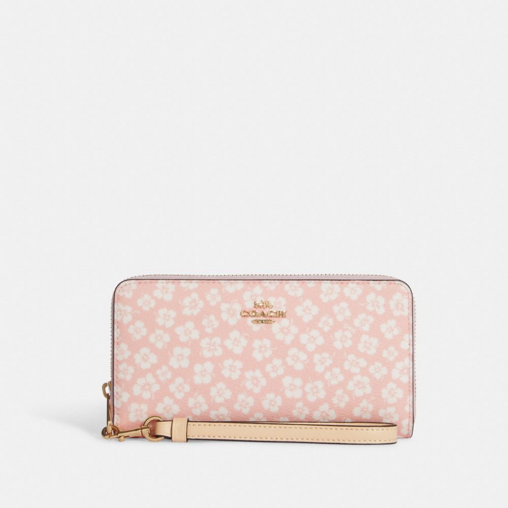 Long Zip Around Wallet With Graphic Ditsy Floral Print - C9914 - Gold/Pink Multi