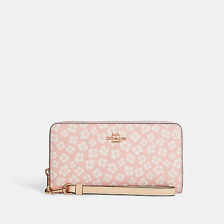 COACH C9914 Long Zip Around Wallet With Graphic Ditsy Floral Print Gold/Pink-Multi