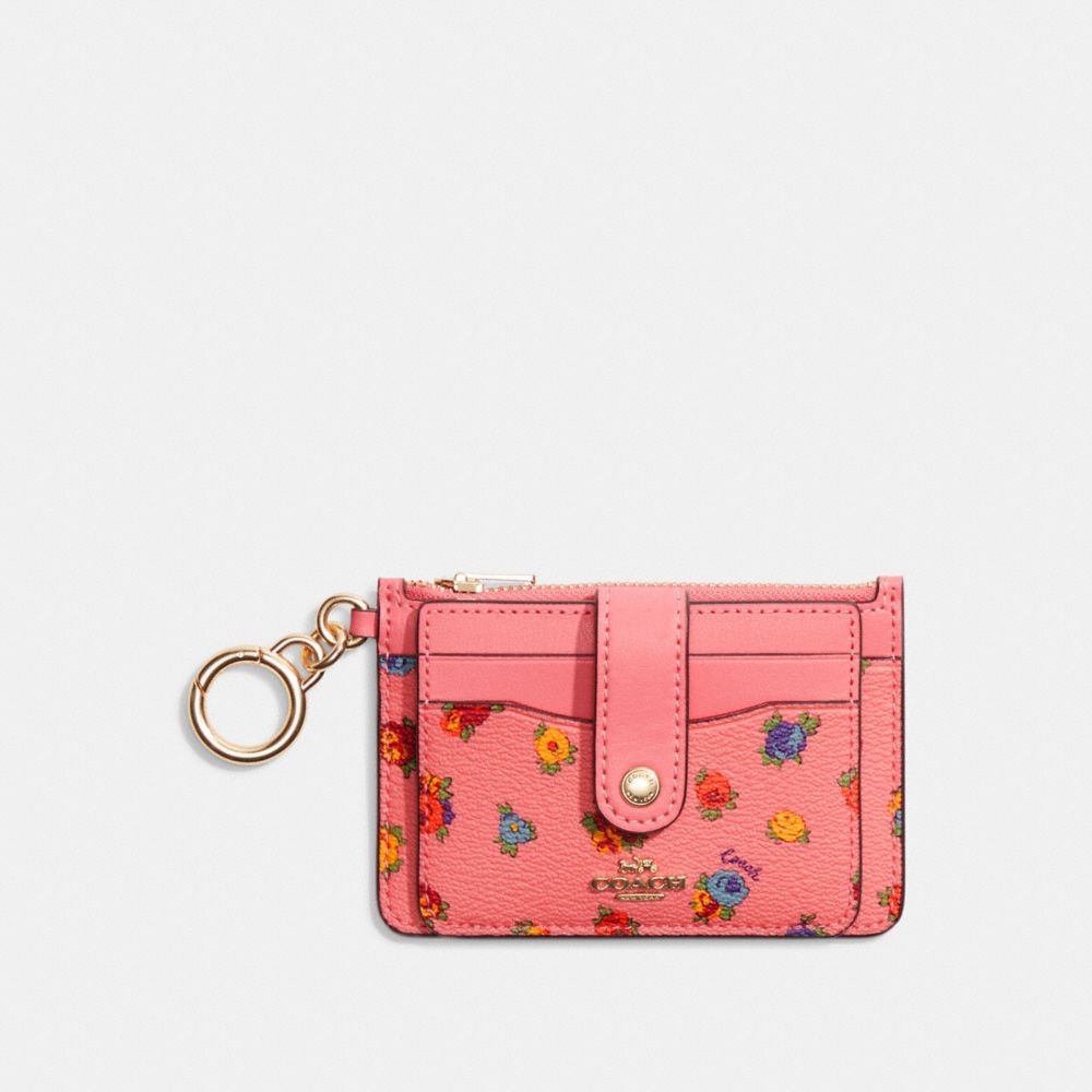 COACH C9933 - Attachment Card Case With Mini Vintage Rose Print GOLD/PINK LEMONADE MULTI