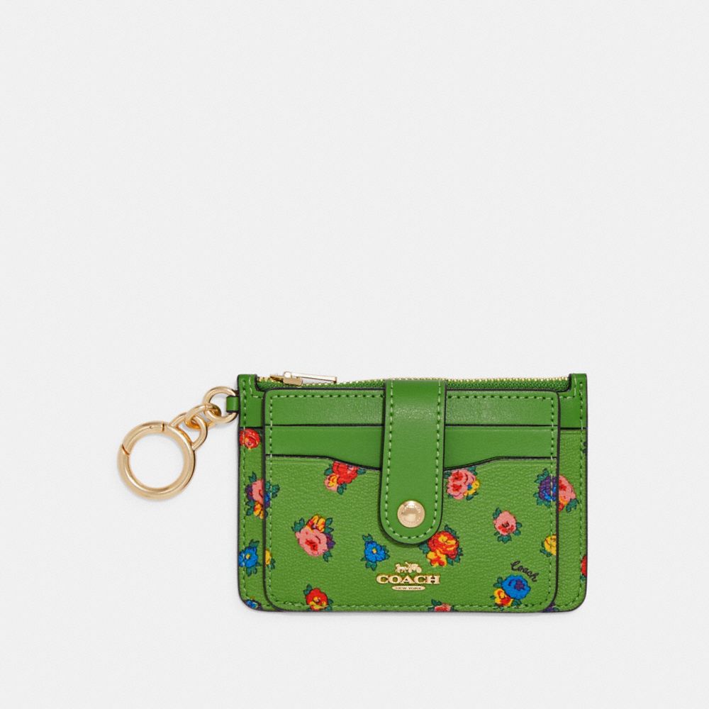 COACH C9933 Attachment Card Case With Mini Vintage Rose Print IM/NEON GREEN MULTI