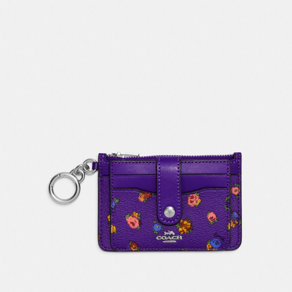 COACH C9933 Attachment Card Case With Mini Vintage Rose Print SV/SPORT PURPLE MULTI